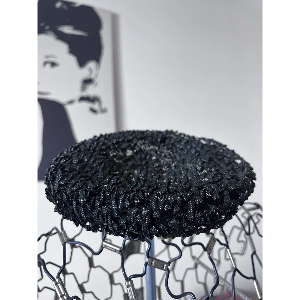 Vintage Black Mesh Pillbox Hat Textured Looped Trim Mid Century Formal Church